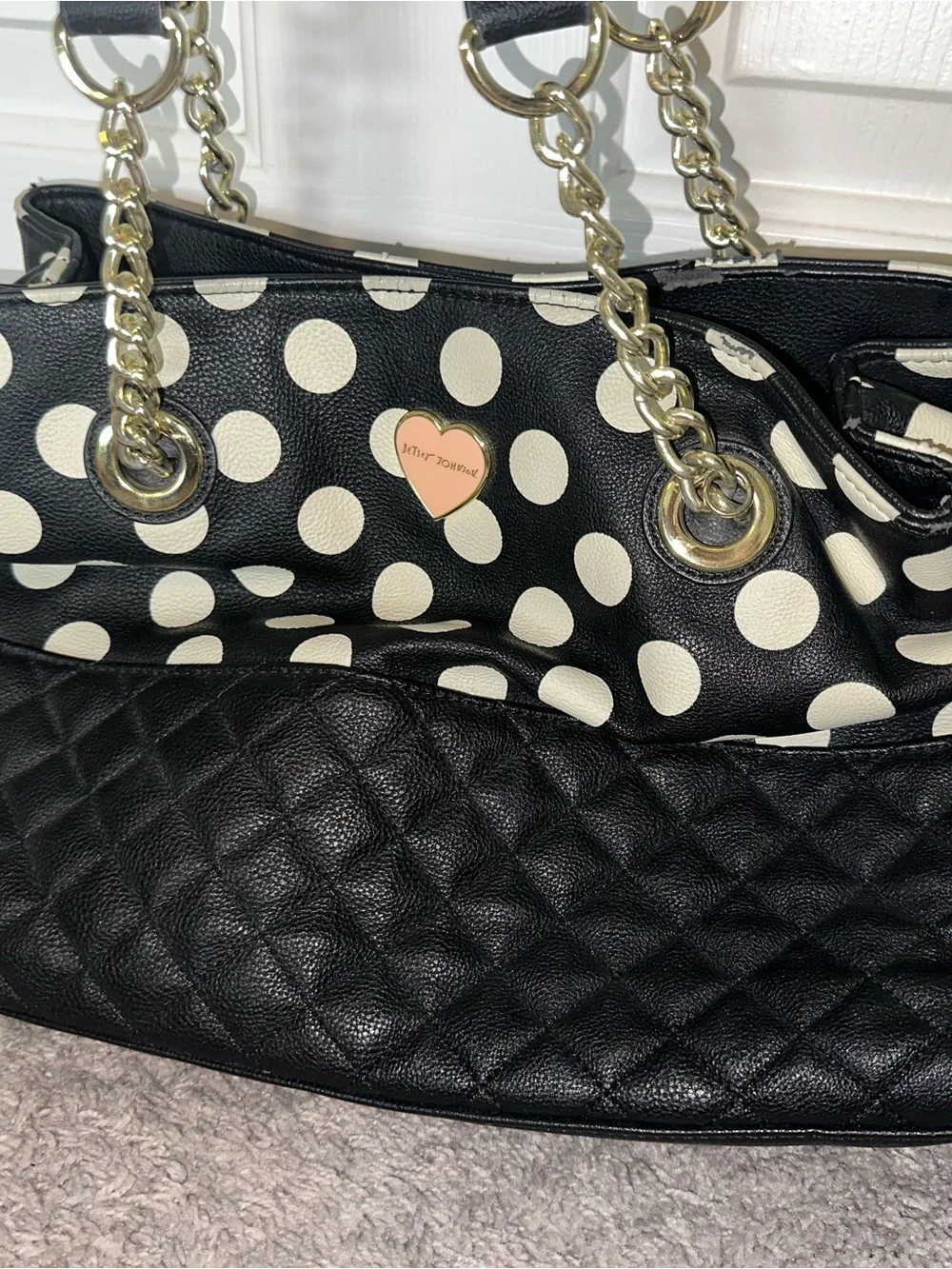 Betsey Johnson Black & White Polka Dot Quilted Tote with Gold Chain Handles